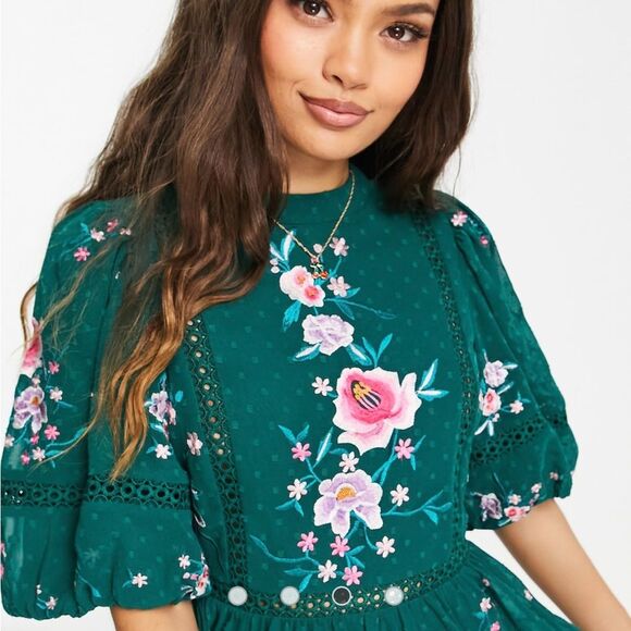 ASOS Design Petite High Neck Textured Embroidered Mini Dress w/ Lace Trims Green - Picture 2 of 11